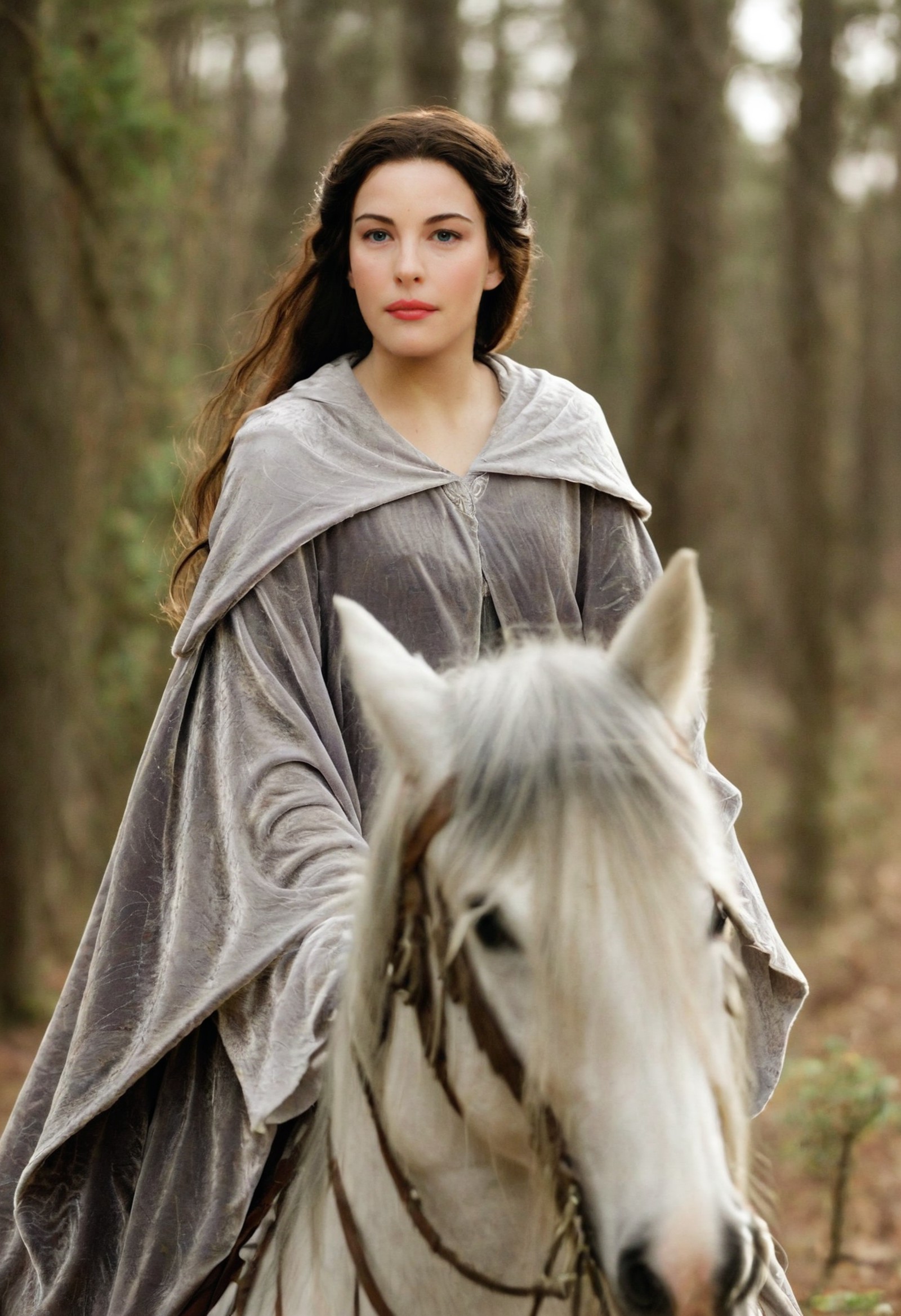 stunning photo of liv_arwen racing on a white horse through the woods, galloping, wearing a gray cloak, (pointed ears:0.7)...